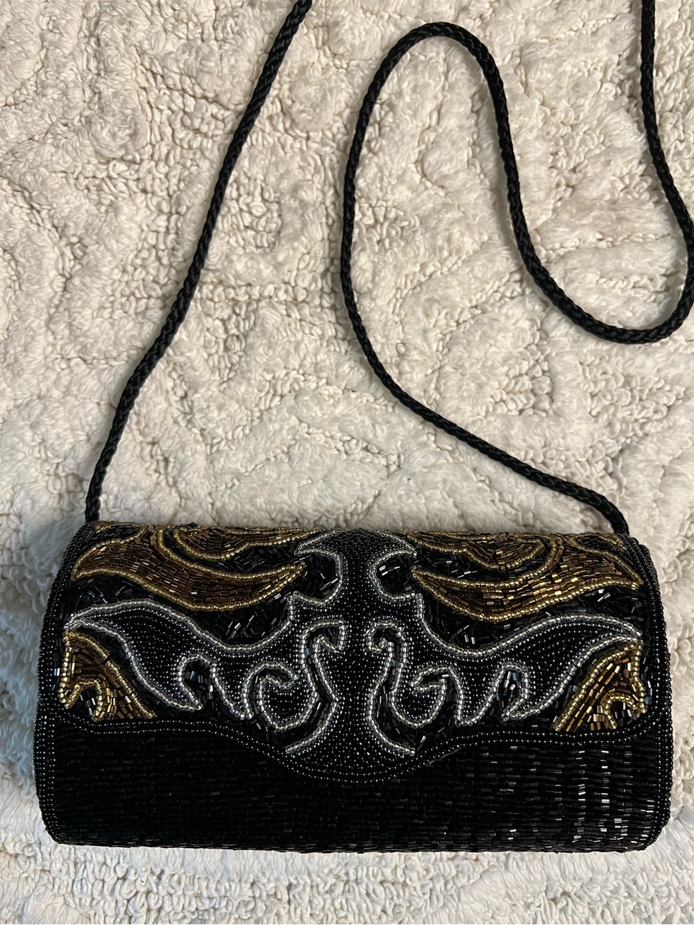 Vintage Carla Marchi Evening Clutch Crossbody Shoulder Bag Black Gold Beading